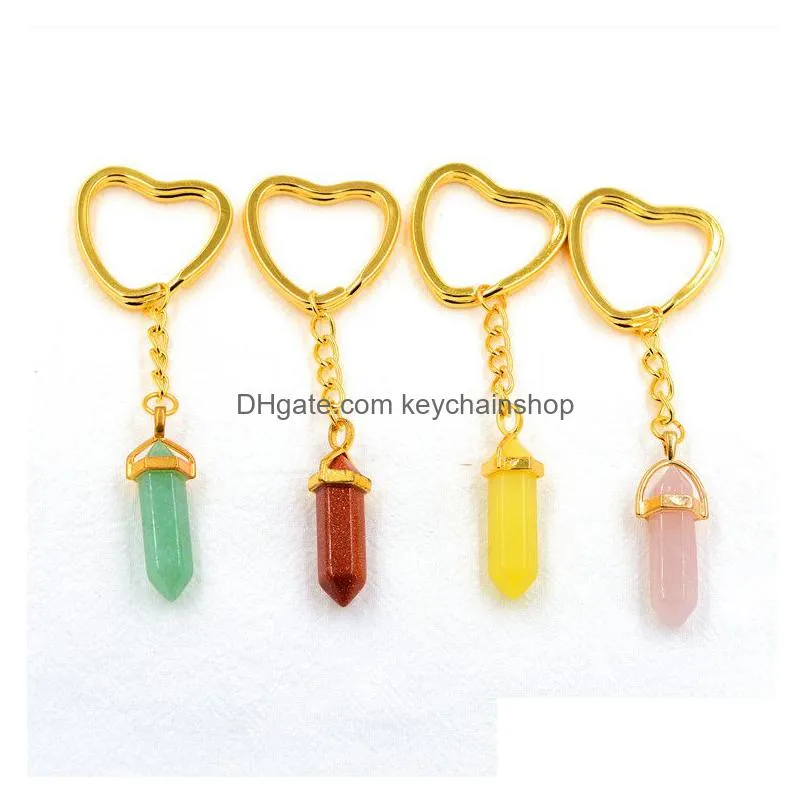 Keychains & Lanyards Gold Hexagon Prism Reiki Healing Natural Stone Keychains Chakra Amethyst Pink Rose Crystal Heart Key Rings Keyrin Dhcps