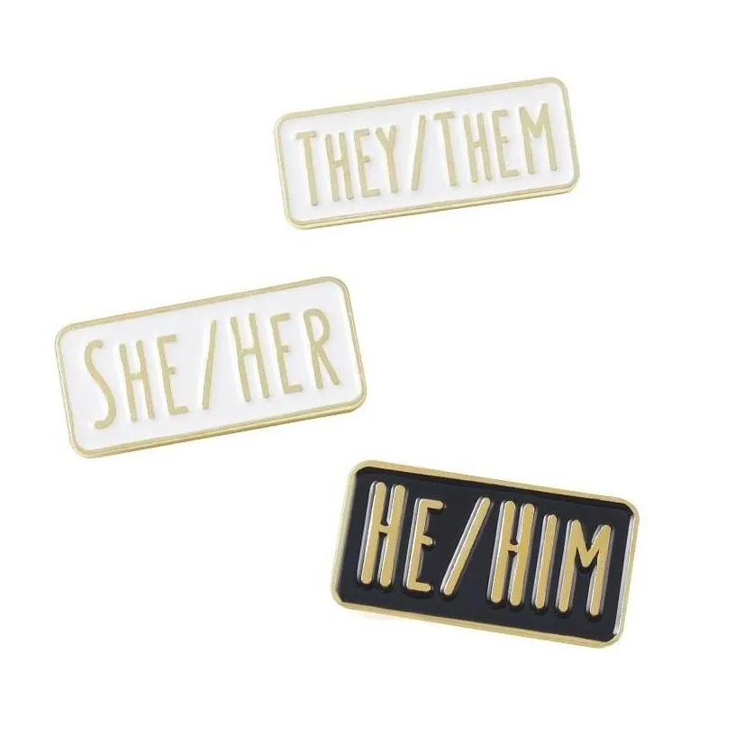 Pins, Brooches Pins Brooches Simple Pronouns Enamel Custom He Him She Her They Them Black White Lapel Badges Fun Jewelry Gift For Frie Dha26