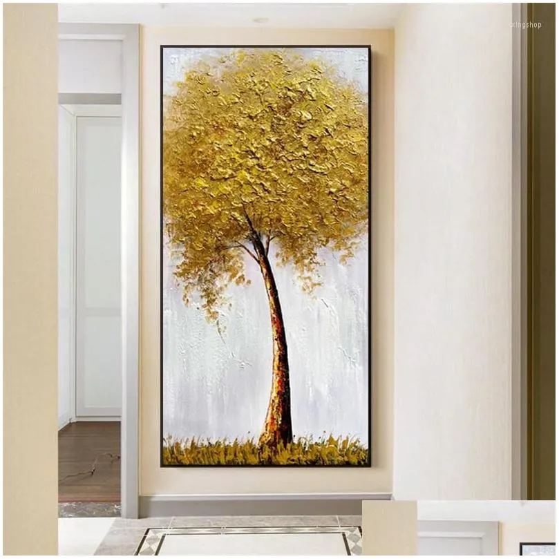 Paintings Paintings Abstract 3D Oil Painting Gold Thick Art Handmade Canvas Fortune Tree Pictures Wall Artwork Living Room Decoration Dh1We