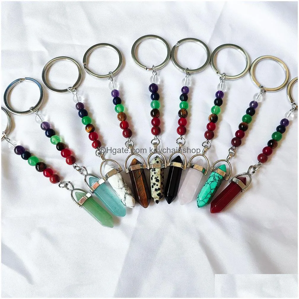Keychains & Lanyards Natural Stone 7 Chakra Beads Hexagon Prism Key Rings Chains Keychains Healing Crystal Keyrings For Women Men Drop Dhtif