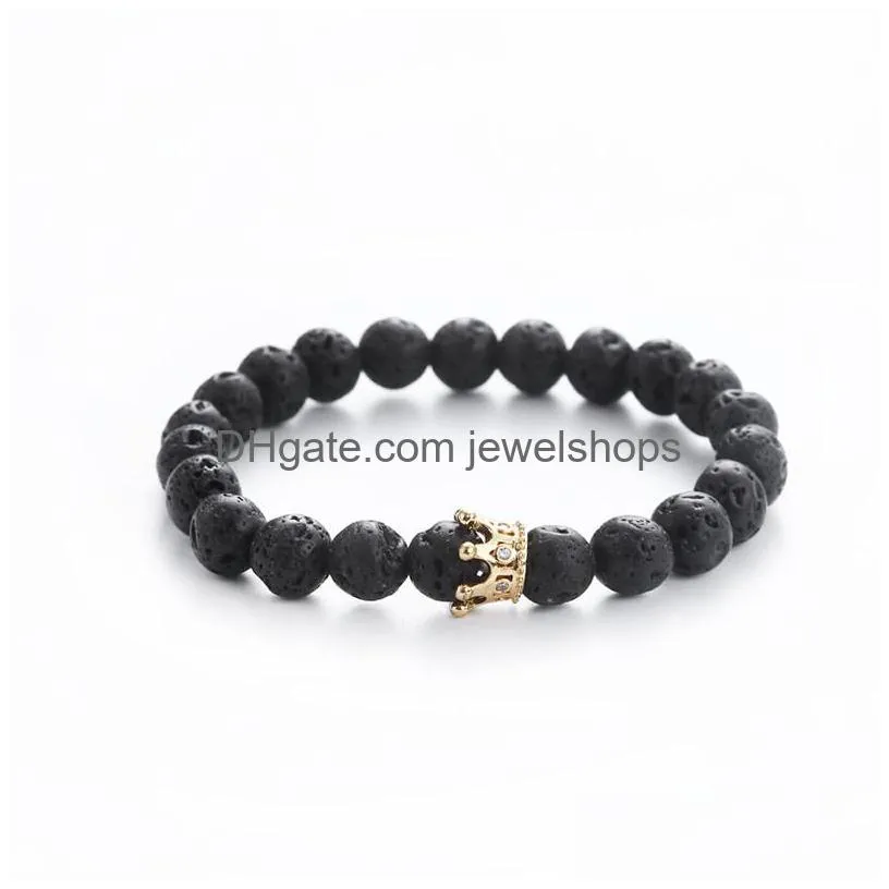 Beaded Cubic Zirconia Crown Beads Bracelet Men Black Volcanic Lava Reiki Healing Nce Strand Buddha Prayer Natural Stone Yoga For Drop Dhdsn