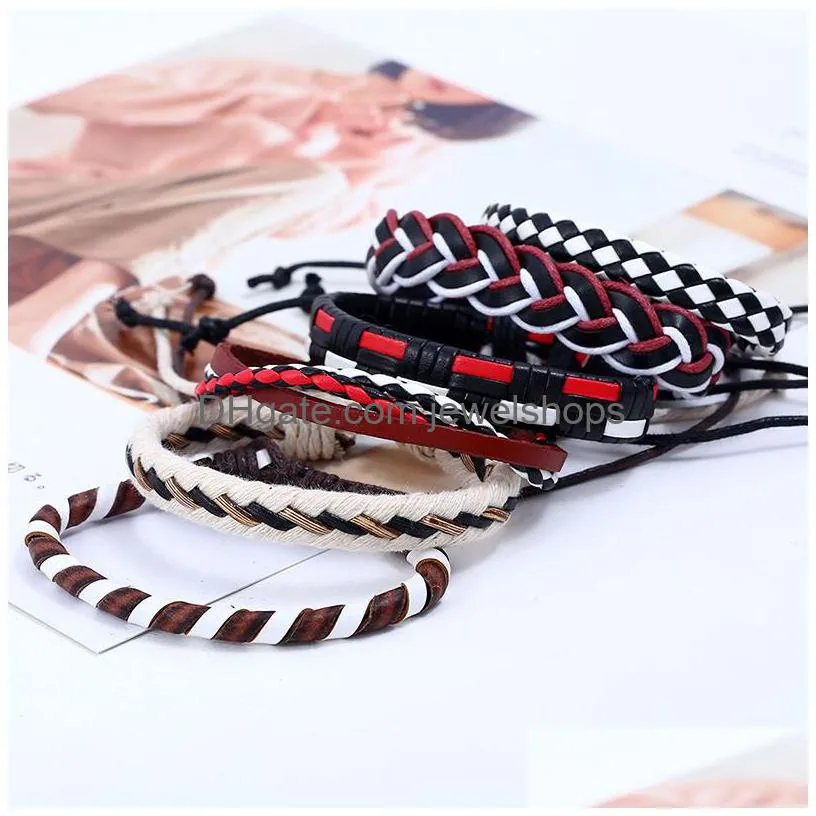 Charm Bracelets Simple Genuine Leather Bracelets 6Pcs/Set Fashion Mtilayer Braided Weaved Wrap Jewelry For Women Vintage Mens Wristban Dhufk