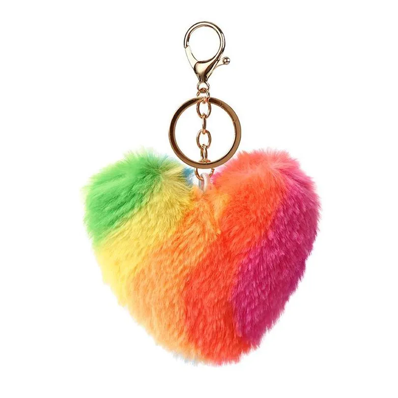 Heart Rainbow Keychain Party Supplies Plush Balls Key Chains Decorative Pendant For Women Bag Keychains Accessories Car Keyring Drop D Dhxf1