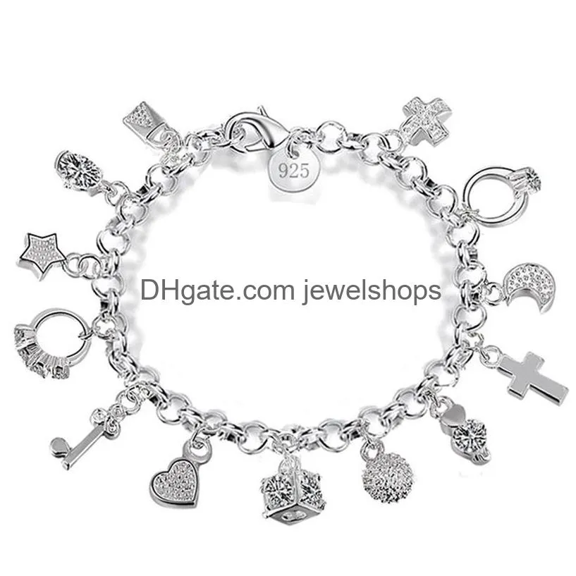 Charm Bracelets Heart Cross Charm Bracelets For Women 925 Sterling Sier Plated Fashion Lock Star Moon Diamond Link Chain Girl Gift Jew Dhjkj
