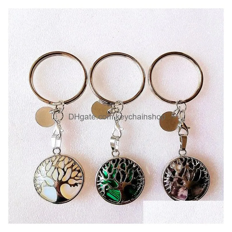 Keychains & Lanyards Tree Of Life Reiki Healing Natural Stone Keychains Chakra Amethyst Pink Rose Crystal Key Rings Women Men Jewelry Dhz5G