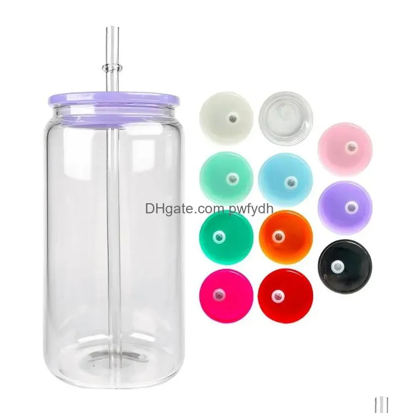 dhs replaced colored plastic lids for 16oz glass tumbler blank clear frosted glass mason jar libby can cooler cola beer food cans 5 colors