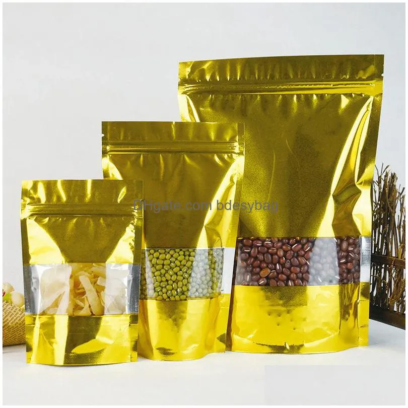 golden stand up aluminium foil bag with clear window plastic pouch zipper reclosable food storage packaging bag lx2721