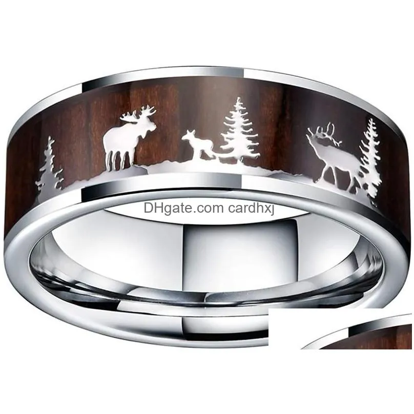 Wedding Rings Wedding Rings 8Mm Black Tungsten Carbide Men Ring Koa Wood Inlay Deer Stag Hunting Silhouette Fashion Band Jewelry Fo Ma Dhxse