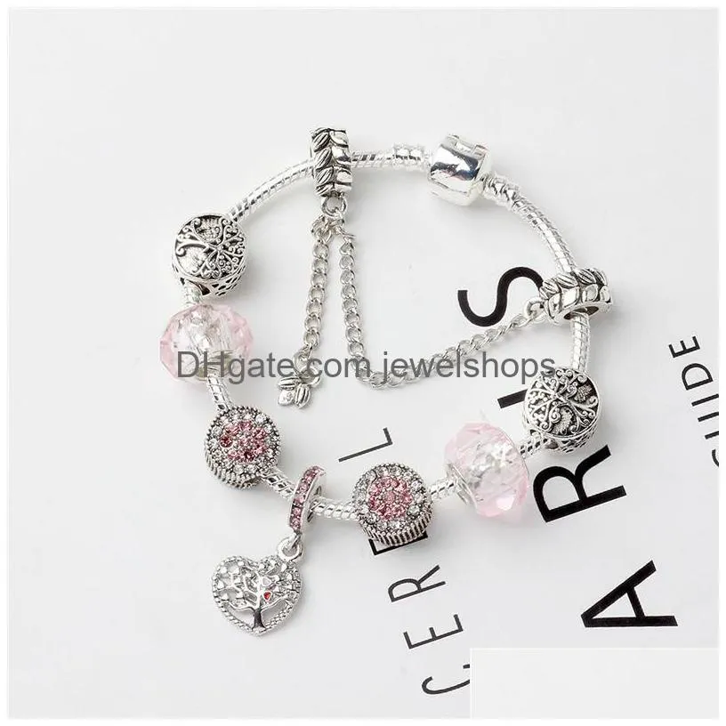 Charm Bracelets Pink Bracelets Bangles Pandor Heart Pendant 925 Sier Snake Chain Bracelet Fashion Crystal Beads Charm Jewelry For Drop Dhfdv