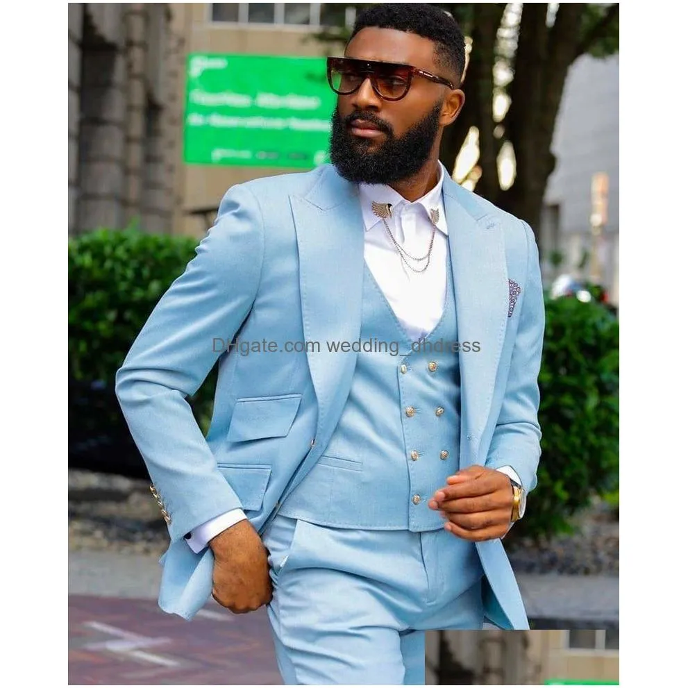 sky blue 3 pcs wedding tuxedos for men plus size jacket vest pants customise groom groomsmen suit mens business formal wear