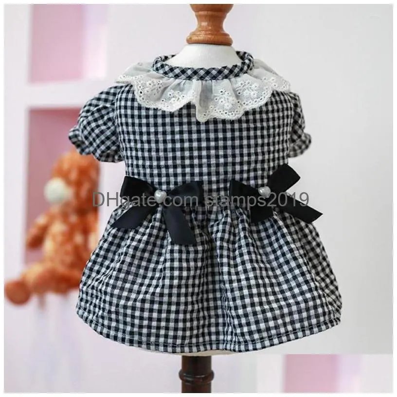 dog apparel dress eye-catching pet lace neckline pretty bowknot plaid cat princess supplies