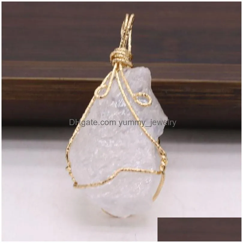 Charms Charms Natural Stone Crystal Pendant Irregar Shaped Winding Gold Wire For Jewelry Making Diy Bracelet Necklaces Accessories Dro Dht8A