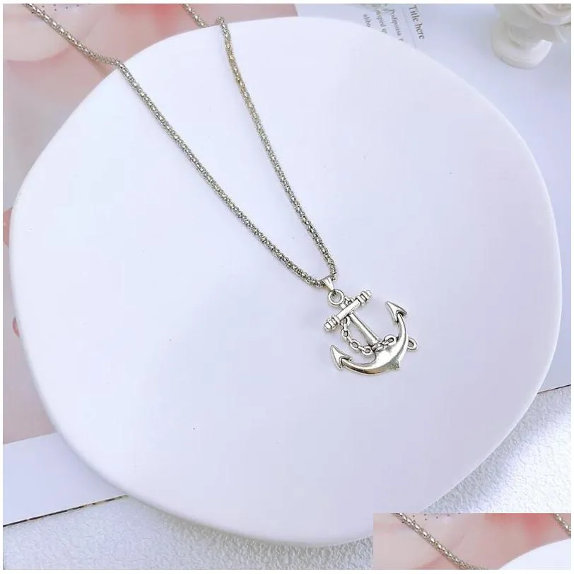 Pendant Necklaces Pendant Necklaces Nautical Anchor Necklace Antique Sier Charms Statement Naval Ship Wheel Helm Designer For Women Je Dhwue