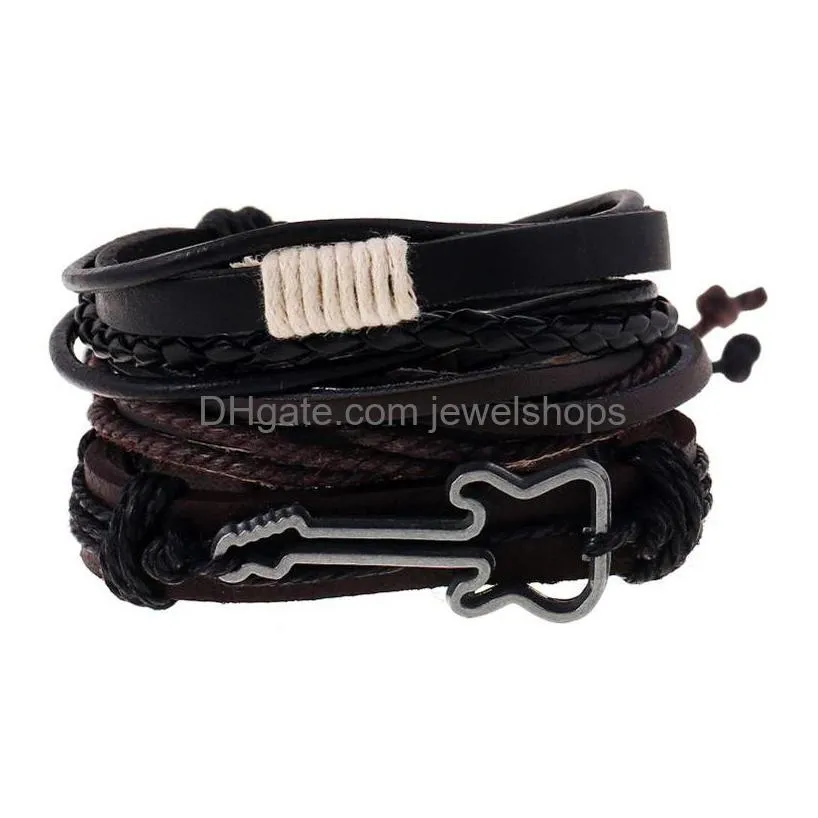 Charm Bracelets Handmade Bracelet Jewelry Uni Fashion Simple Vintage Guitar Braid Leather Wrap Mtilayer Adjustable Punk Rock Charm Ban Dhgin