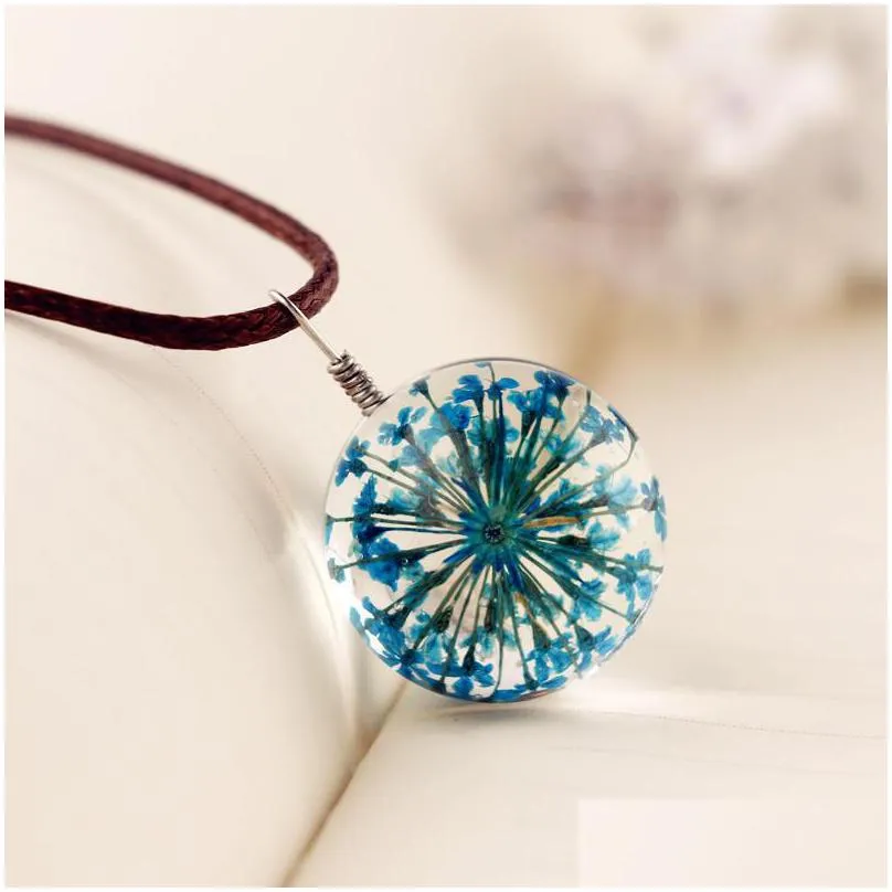 Pendant Necklaces Pendant Necklaces Handmade Dandelion Dried Flower Necklace For Women Plant Specimen Glass Ball Female Retro Transpar Dhcpo