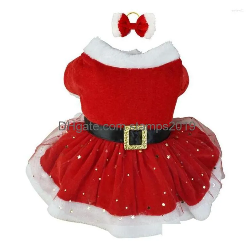 dog apparel pet christmas outfit shiny netting santa claus costume cute girl clothing red dresses cat holiday