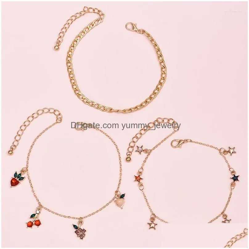 Anklets Anklets 3 Pcs/Set Women Fashion Crystal  Cherry Grape Fruits Star For Sweet Gold Chain Set Jewelry Drop Delivery Jewelry Dhr9B