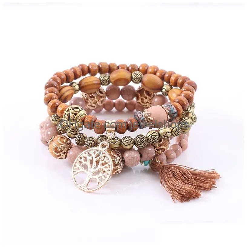 Beaded New Tree Life Charm Bracelet Wooden Bead Chain Bracelets For Women Men Handmade Fashion Rose Flower Alloy Strands Man Bohemian Dhvu9