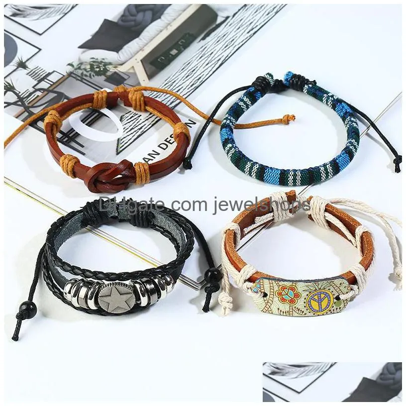 Charm Bracelets Vintage Bracelets Men Fashion Genuine Leather Braided Star Feather Charm Jewelry Bangles For Women Mtilayer Hand Rope Dhzhs