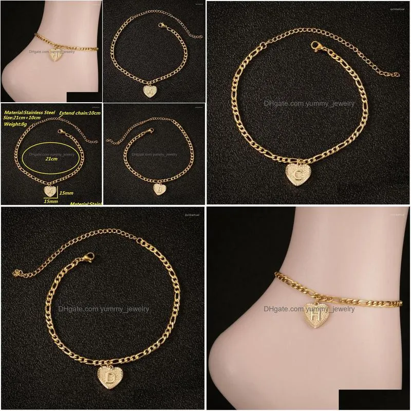 Anklets Anklets Tiny Heart A-Z Initial Letter For Women Gold Stainless Steel Alphabet Ankle Bracelet Boho Foot Jewelry Accesorios Drop Dh5Tx