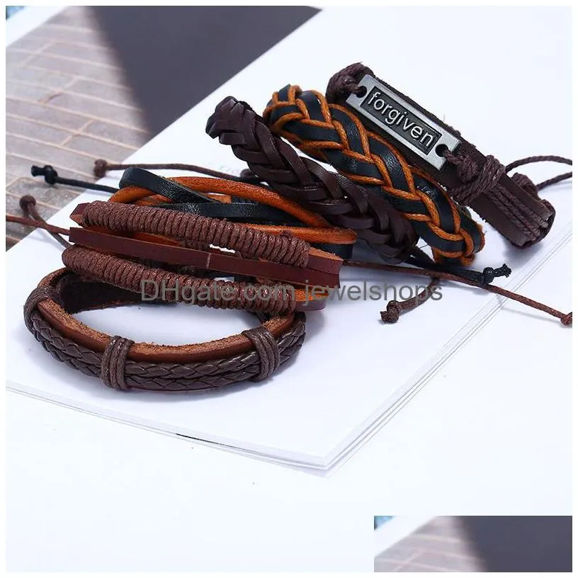 Charm Bracelets European Genuine Leather Bracelets Beads Woven Brown Bracelet Men Engrave Forgiven Mti Layer Fashion Braid Charm Bangl Dhj0E