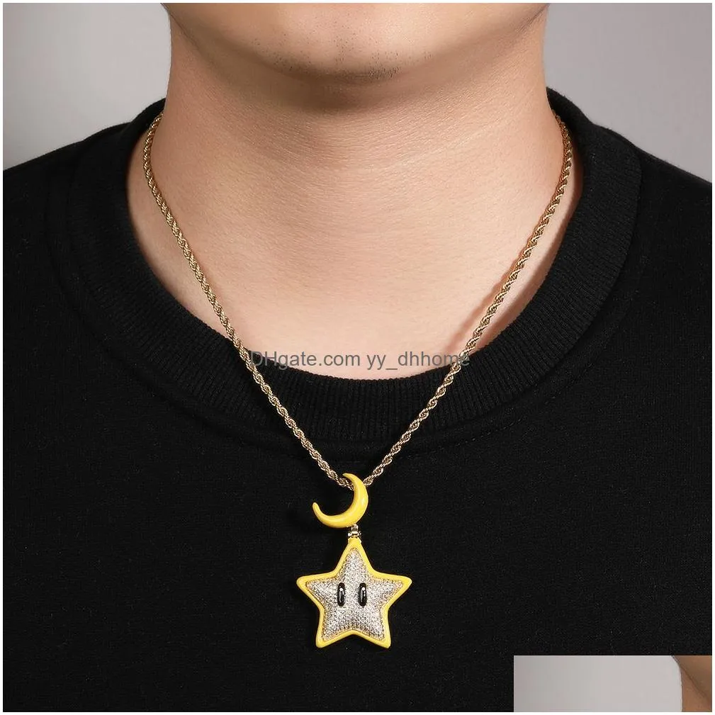 drip oil glow at night moon star pendant necklace 18k real gold plated jewelry