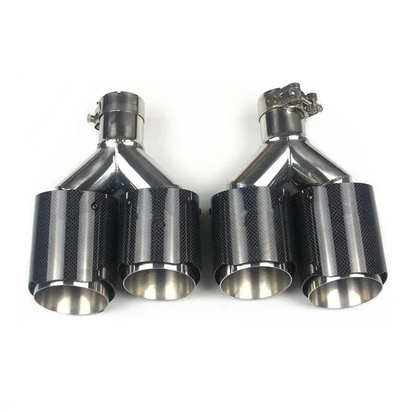 2 pieces dual universal akrapovic exhaust muffler tips shiny carbon fiber with glossy stainless steel auto exhausts end pipes