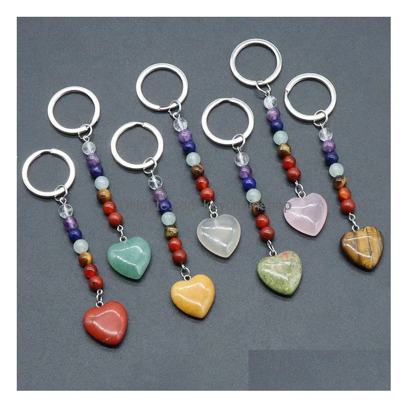 Keychains & Lanyards Love Heart Stone Key Rings 7 Colors Chakra Beads Chains Charms Keychains Healing Crystal Keyrings For Women Men D Dhykt