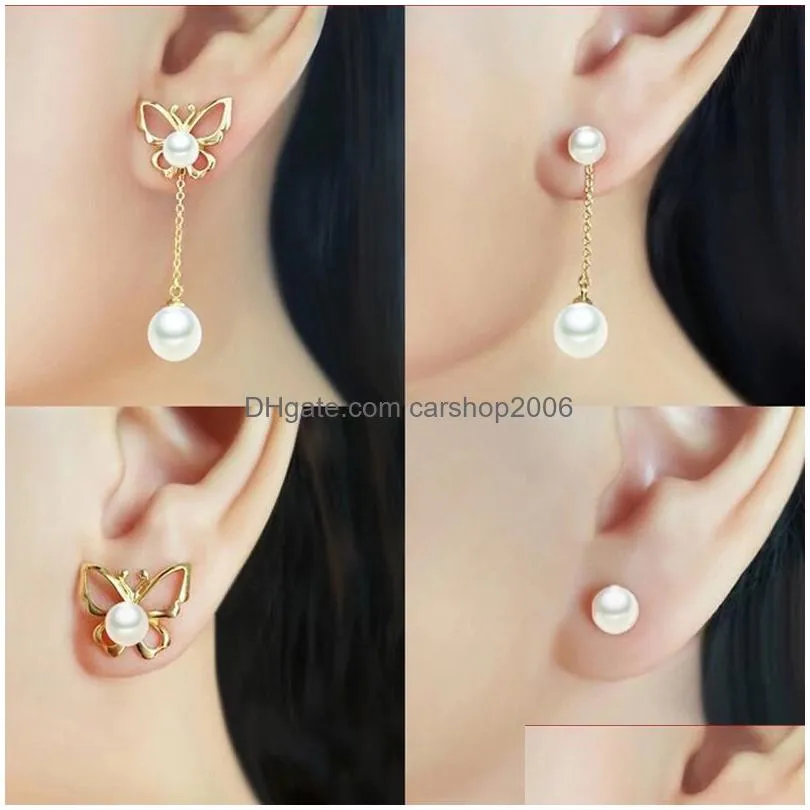 s925 silver pearl butterfly dangle earrings jewelry with 925 silver ear plug four wearing methods