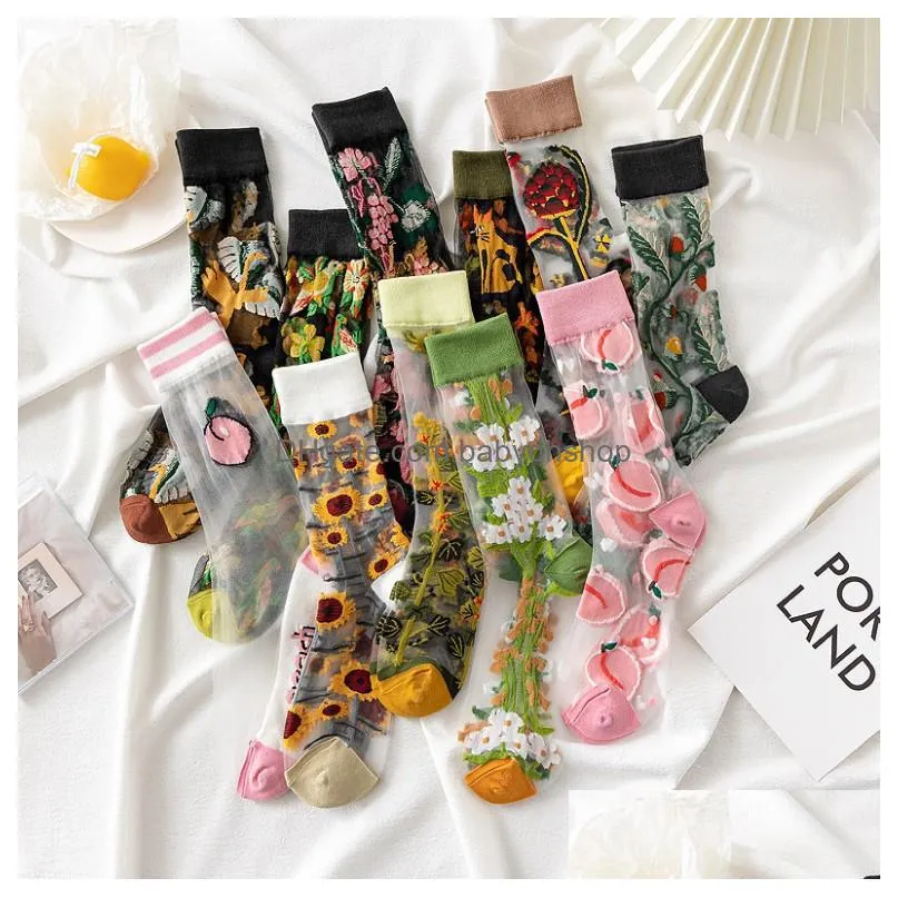 women girls socks new summer fashion fishnet thin funny breathable transparent cute fruit flower socks creative harajuku casual socks