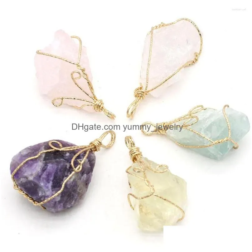 Charms Charms Natural Stone Crystal Pendant Irregar Shaped Winding Gold Wire For Jewelry Making Diy Bracelet Necklaces Accessories Dro Dht8A