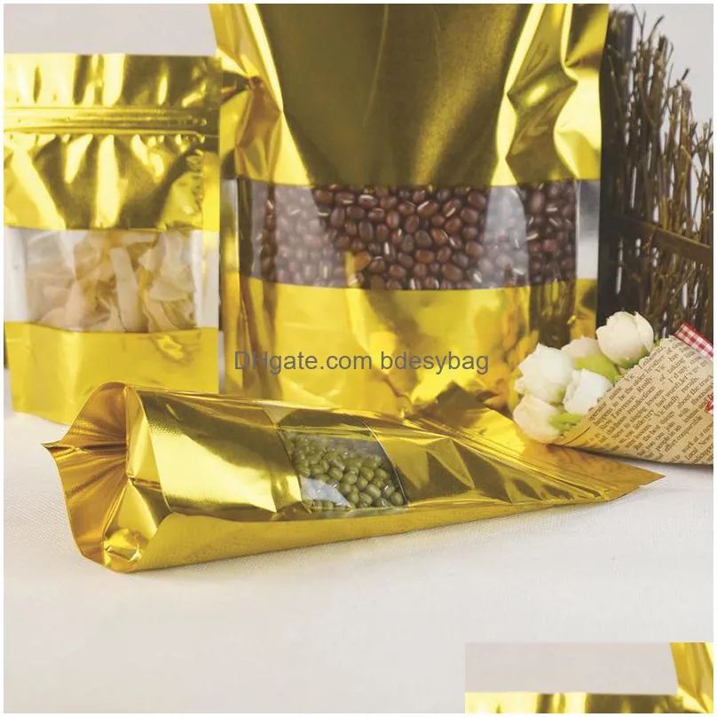 golden stand up aluminium foil bag with clear window plastic pouch zipper reclosable food storage packaging bag lx2721