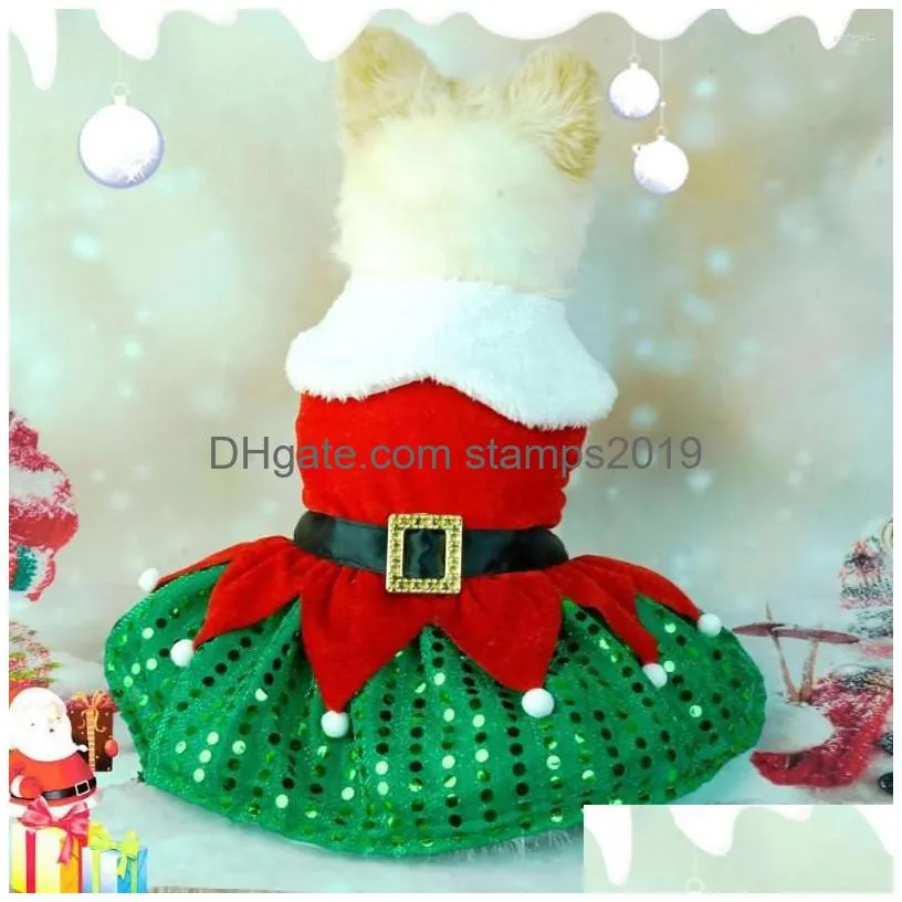 dog apparel colorblock pet dress festive santa claus up skirt sparkling sequin hem comfortable clothes for christmas holiday