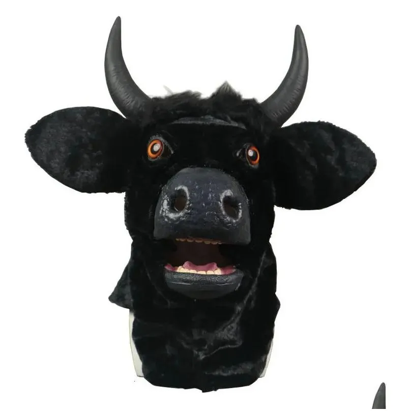 Party Masks Halloween Mask Realistic Mouth Mover Cow - Creepy Moving Bull Fursuit Animal Head Rubber Latex Masque -Up Costume Party Cosplay