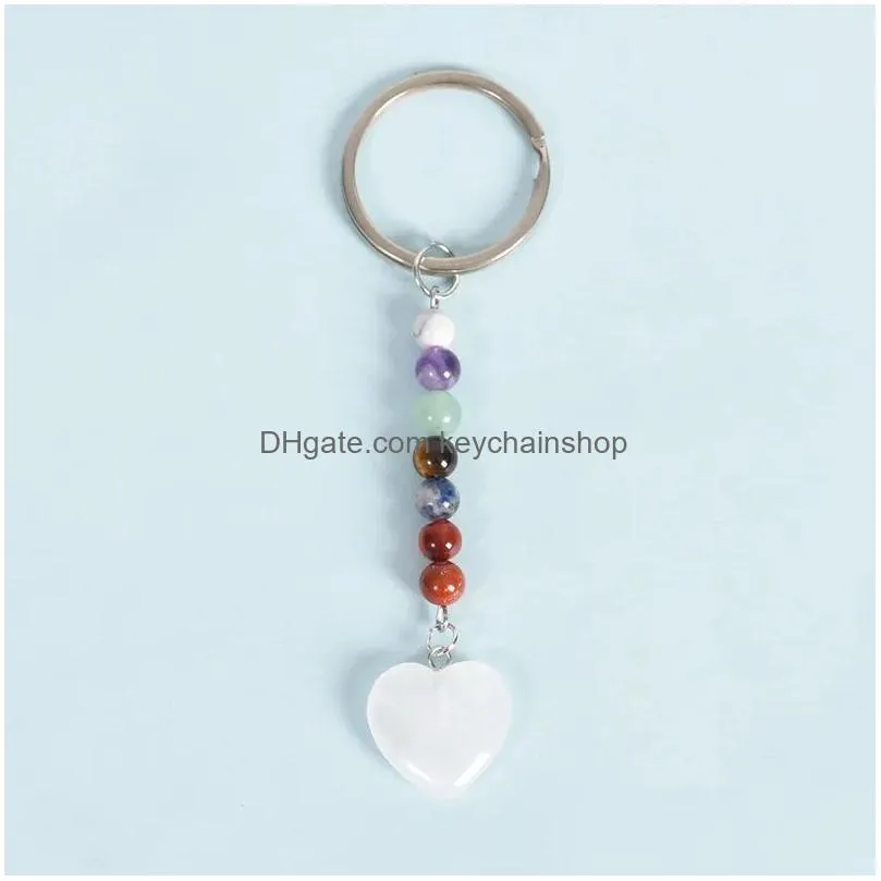 Keychains & Lanyards Natural Stone Keychain 7 Colors Chakra Beads Heart Shape Key Holder Mineral Ring Jewelry Bk Drop Delivery Fashion Dh8Fd