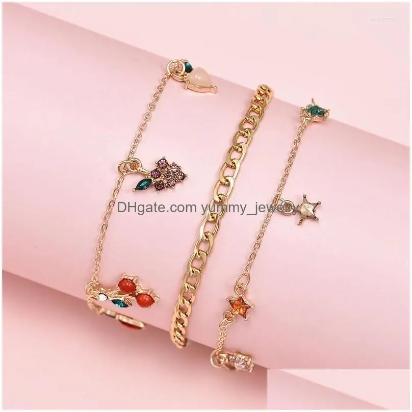 Anklets Anklets 3 Pcs/Set Women Fashion Crystal  Cherry Grape Fruits Star For Sweet Gold Chain Set Jewelry Drop Delivery Jewelry Dhr9B