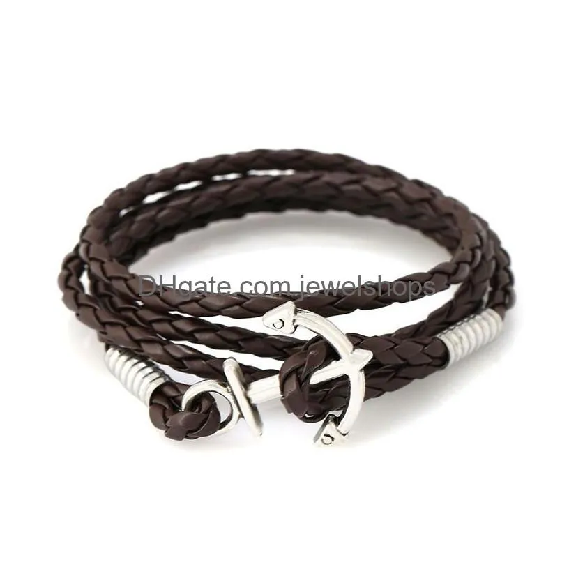 Charm Bracelets Braided Leather Wrap Bracelet Anchor Design Rope Chain Men Handmade Cuff Bangle For Women Bohemian Style Mti Layer Jew Dhgj6