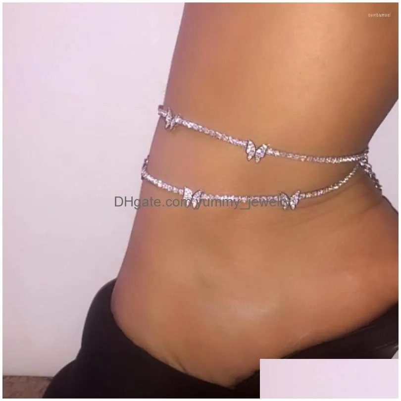 Anklets Anklets Flatfoosie Hip Hop Rhinestone Butterfly Anklet Bracelet Women Gold Sier Color Crystal Tennis Chain On Leg Foot Jewelry Dhkyh
