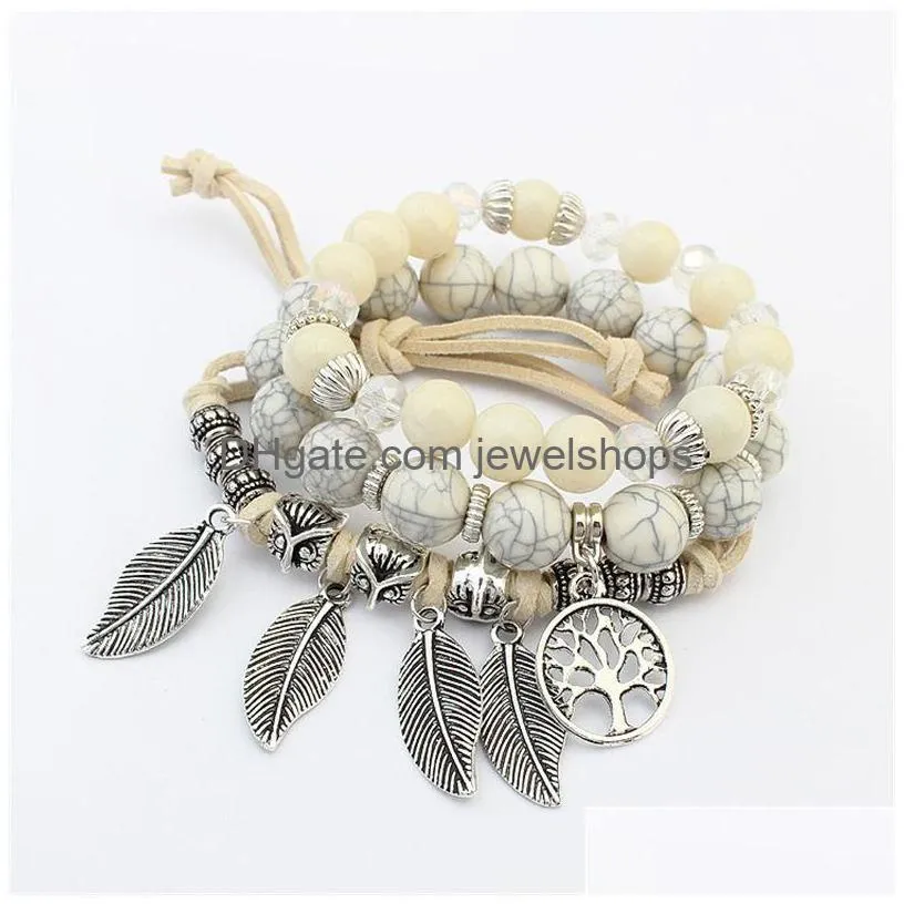 Charm Bracelets Tree Life Bracelets Leaf Pendant Charms Jewlery For Girl Bohemian Glass Beads Bracelet Women Vintage Mtilayer Leather Dhivr