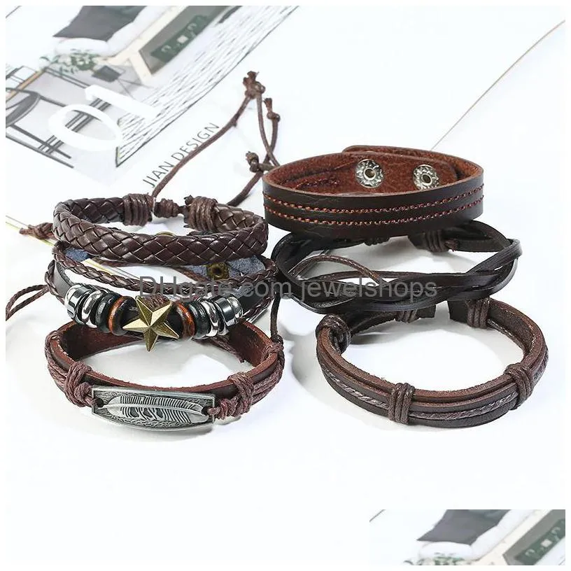 Charm Bracelets Leaf Genuine Leather Bracelets Bangles Sets Brown Mtilayer Beads Wrap Cuff Simple Vintage Retro Diy Women Star Charm J Dhhtd