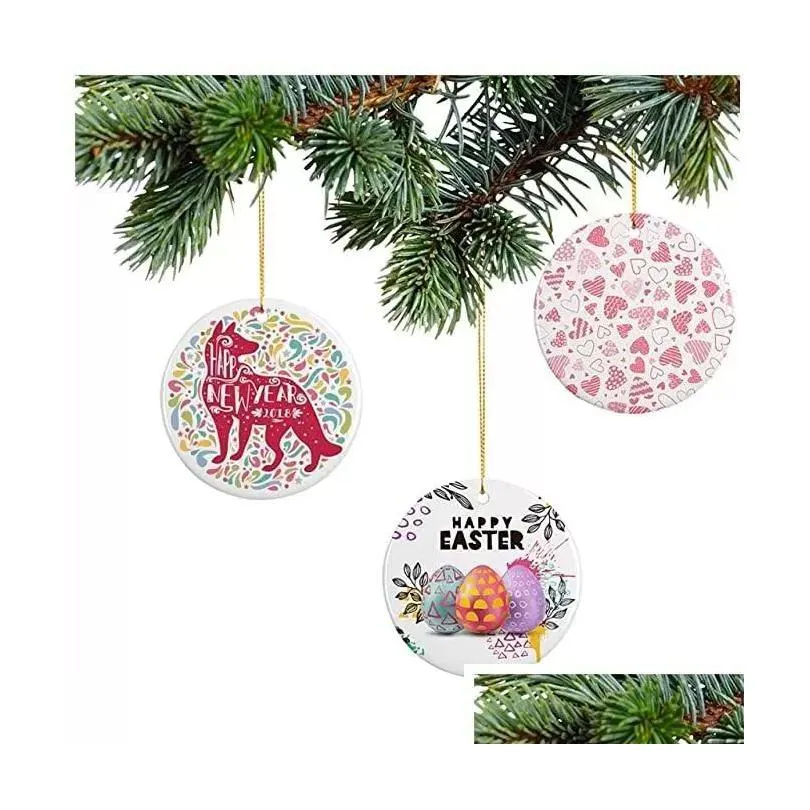 Sublimation Blank Party Decorations 2022 White Ceramic Pendant With Gold String For Christmas Room Home Drop Delivery Dhovm