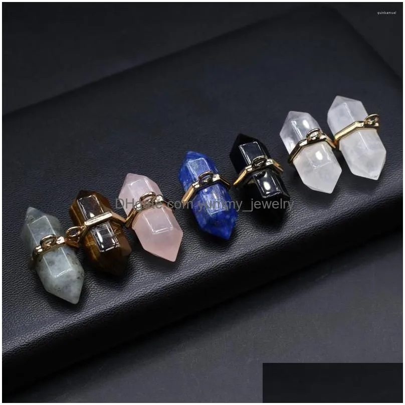 Charms Charms 2 Pcs Natural Semi-Precious Stone Hexagonal Column Pendant In Random Colours For Diy Jewelry Making Handmade Earring Nec Dhwap