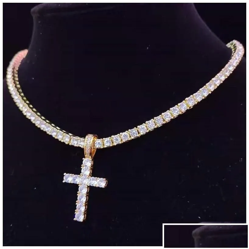 Pendant Necklaces Pendant Necklaces Men Women Hip Hop Cross Necklace With 4Mm Zircon Tennis Chain Iced Out Bling Hiphop Jewelry Fash D Dhfmb