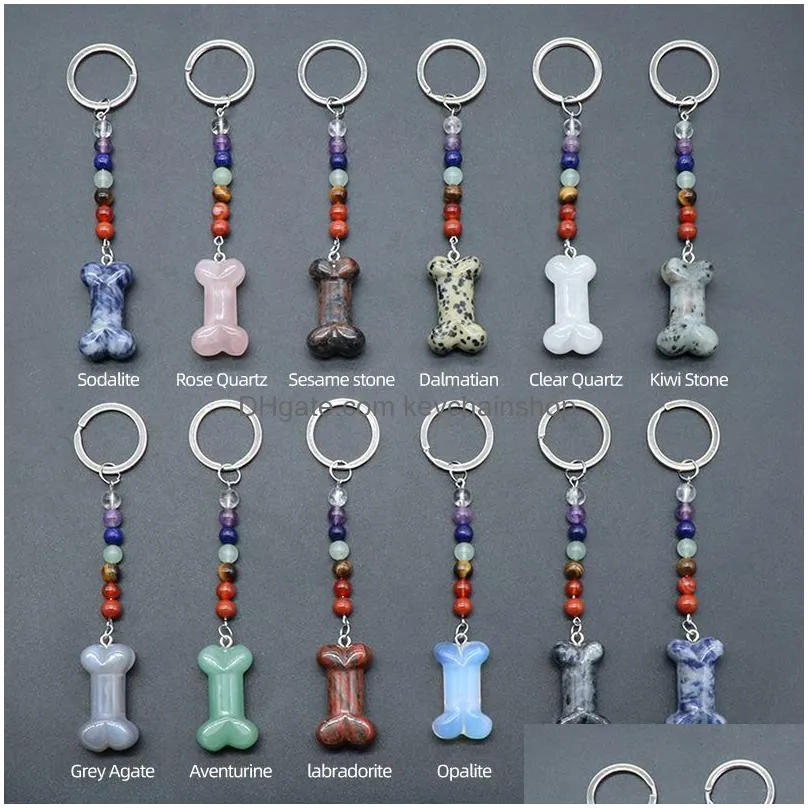 Keychains & Lanyards Colorf Carving Engraved Bone Key Rings 7 Colors Chakra Beads Chains Stone Charms Keychains Healing Crystal Keyrin Dhma1