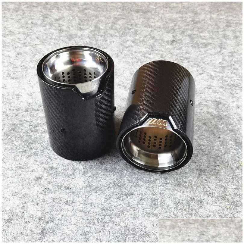 1 pcs glossy carbon fiber exhasut muffler tip car auto silver stainless steel trim tail for m2 m3 m4
