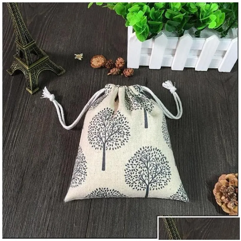 Jewelry Pouches, Bags Jewelry Pouches Bags Happy Tree Printed Linen Gift Pouch 9X12Cm 10X15Cm 13X17Cm Pack Of 50 Party Candy Favor Sac Dhvf5
