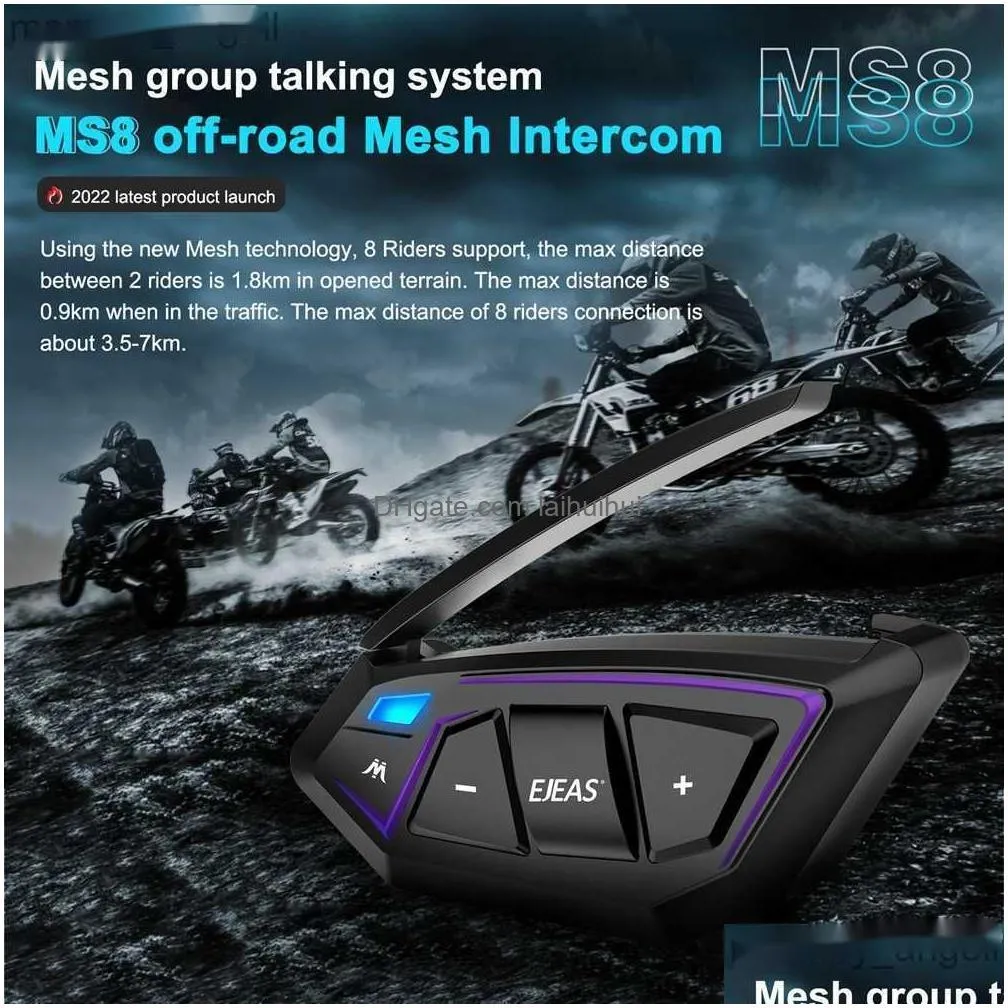 walkie talkie ejeas ms8 8 riders motorcycle intercom helmet headset 7000m bluetooth mesh interphone communication fm gps waterproof hands