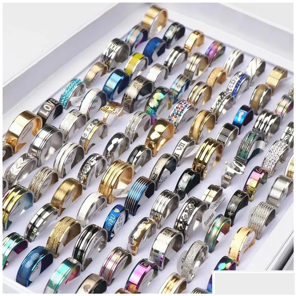 Cluster Rings Cluster Rings 100Pcs/Lot Fashion Mticolor Stainless Steel Love For Women Men Different Style Party Gifts Jewelry Wholesa Dhyrd