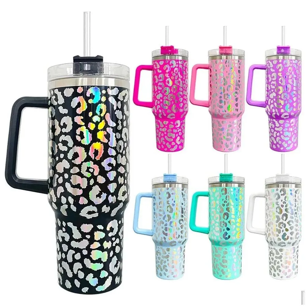 40oz Ombre Gradient Shimmer Holographic Leopard Glitter Mugs Blank Sublimation Tumbler with Handle And Straw FY5918