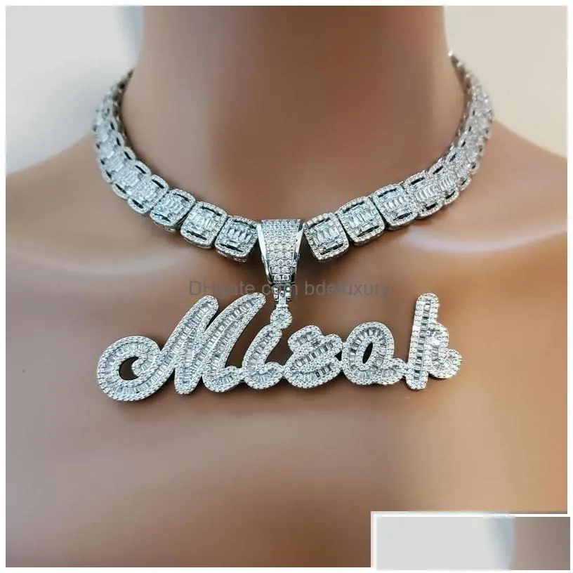 Pendant Necklaces Pendant Necklaces Custom Brush Cursive Iced Out Letter Name Necklace Baguettes Chain Micro Paved Cz Personalized Hip Dh5Hq